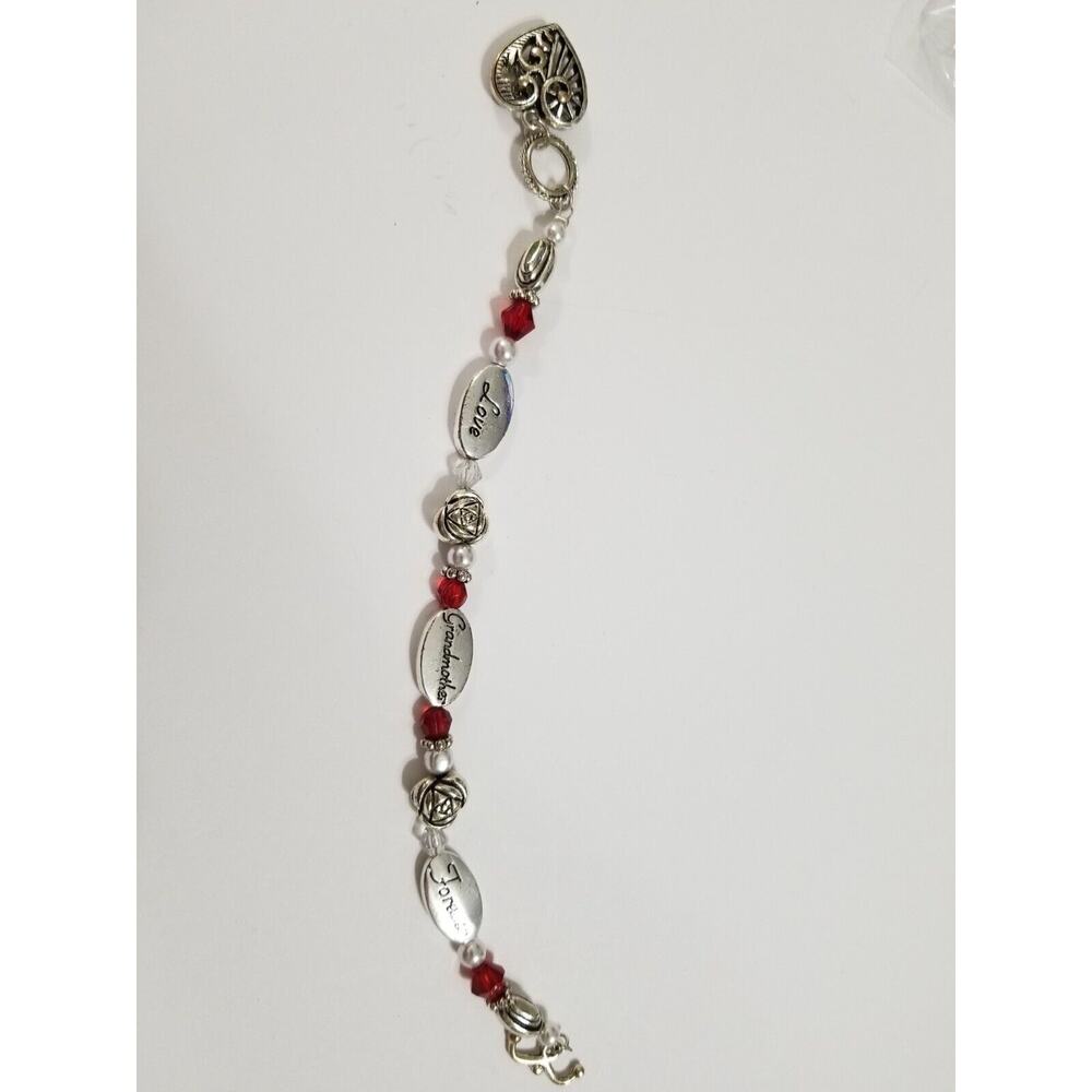 Grandmother seven inch bracelet red bead and silvertone b8*